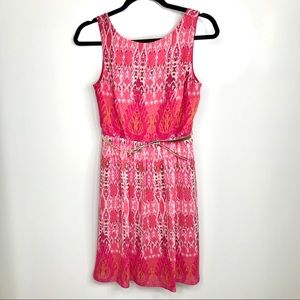 Boho Pink Ikat Belted Fit & Flare Dress Size 4 Petite Summer Spring